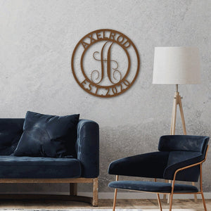 Established Family Name Metal Sign with Monogrammed Initial - Round | Farmhouse World