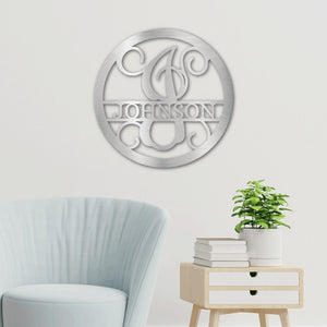 Round Monogram Vine Metal Sign with Initial and Family Name | Farmhouse World