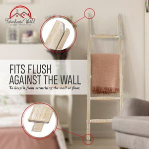 Wooden Rustic Blanket Ladder White-Washed 5ft | Farmhouse World