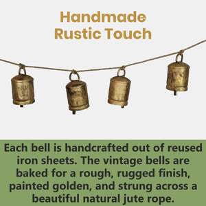 Rustic Festival Bell Garland on Jute String Rope with Antique Gold Finish 72"L | Farmhouse World