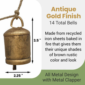 Rustic Festival Bell Garland on Jute String Rope with Antique Gold Finish 72"L | Farmhouse World