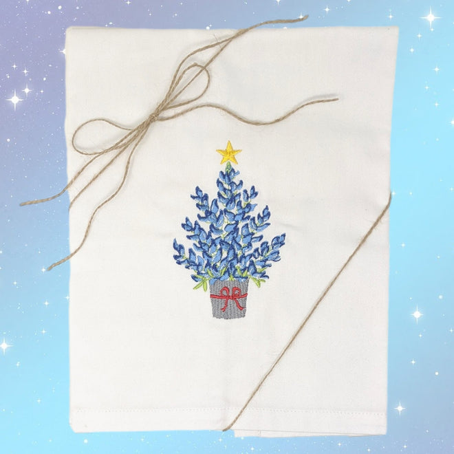 Bluebonnet Christmas Tree Emboridered Kitchen Tea Towel - Perfect Texas Christmas Gift | Farmhouse World