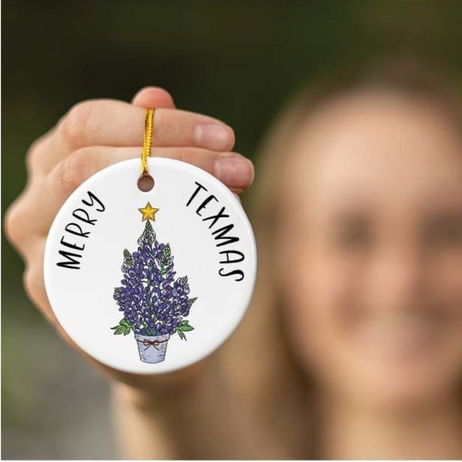 Bluebonnet Merry Texmas Christmas Ornament Ceramic | Farmhouse World