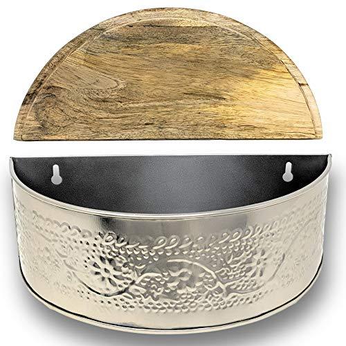 Floral Embossed Metal Floating Wall Shelves with Hidden Compartment and Solid Natural Mango Wood Tops | Farmhouse World