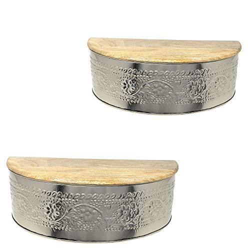 Floral Embossed Metal Floating Wall Shelves with Hidden Compartment and Solid Natural Mango Wood Tops | Farmhouse World