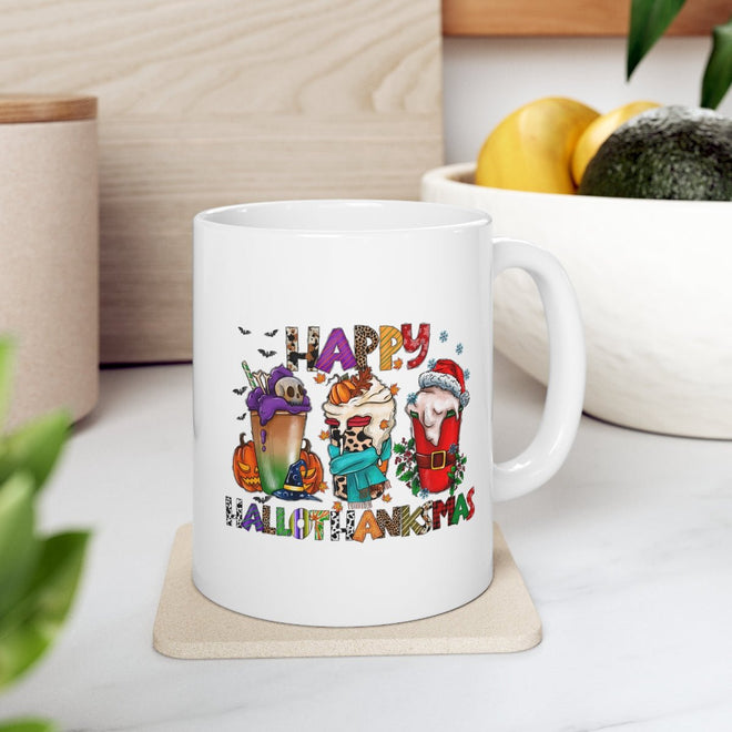 Funny Happy Hallothanksmas Coffee Lover Mug White 11oz | Farmhouse World