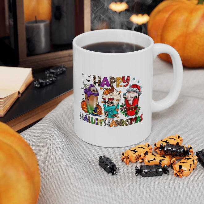 Funny Happy Hallothanksmas Coffee Lover Mug White 11oz | Farmhouse World