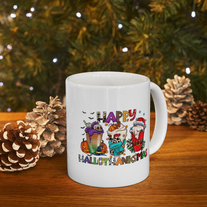 Funny Happy Hallothanksmas Coffee Lover Mug White 11oz | Farmhouse World