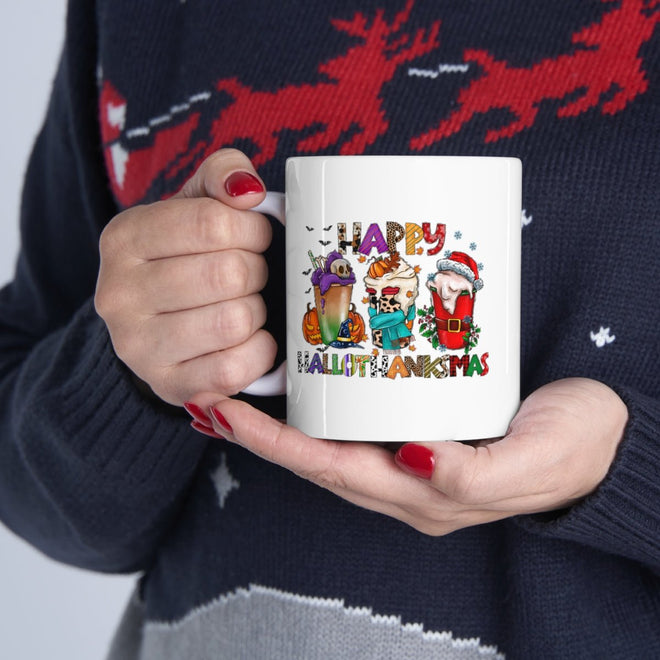 Funny Happy Hallothanksmas Coffee Lover Mug White 11oz | Farmhouse World