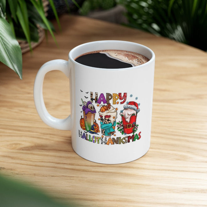 Funny Happy Hallothanksmas Coffee Lover Mug White 11oz | Farmhouse World