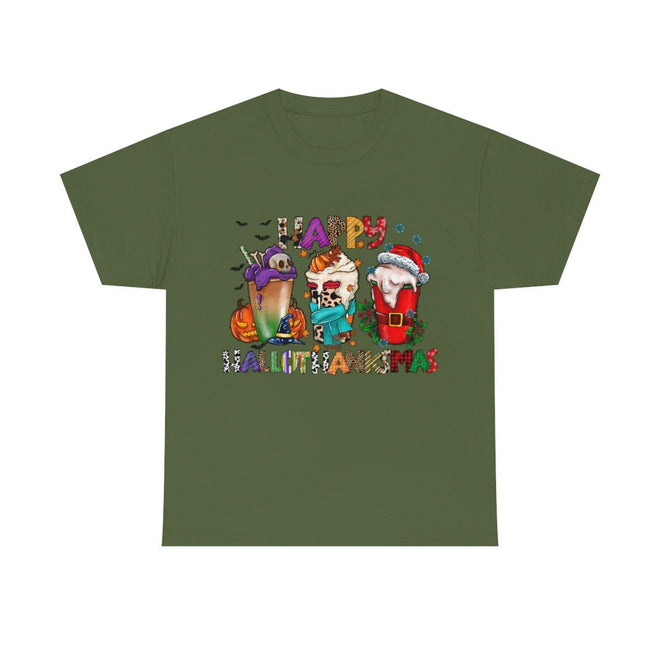 Funny Happy Hallothanksmas Coffee Lover Western Tee | Farmhouse World