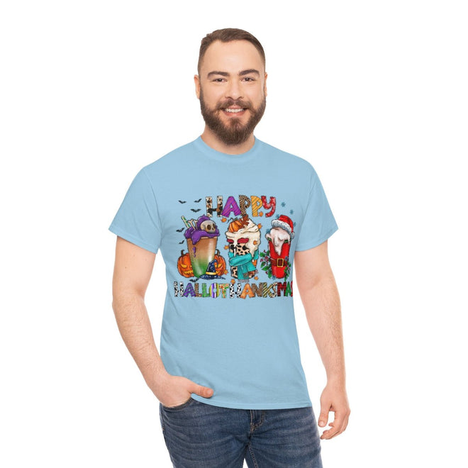 Funny Happy Hallothanksmas Coffee Lover Western Tee | Farmhouse World