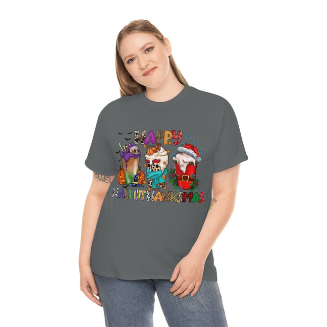 Funny Happy Hallothanksmas Coffee Lover Western Tee | Farmhouse World