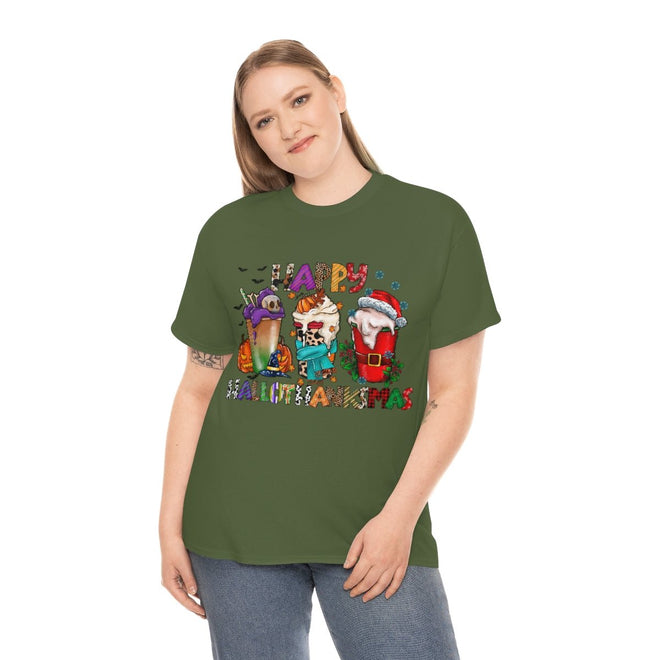 Funny Happy Hallothanksmas Coffee Lover Western Tee | Farmhouse World