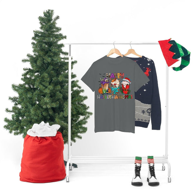 Funny Happy Hallothanksmas Coffee Lover Western Tee | Farmhouse World