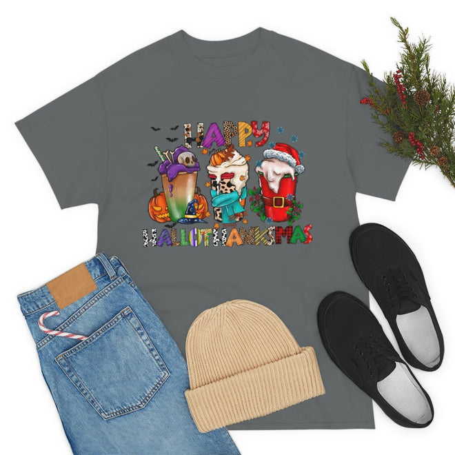 Funny Happy Hallothanksmas Coffee Lover Western Tee | Farmhouse World