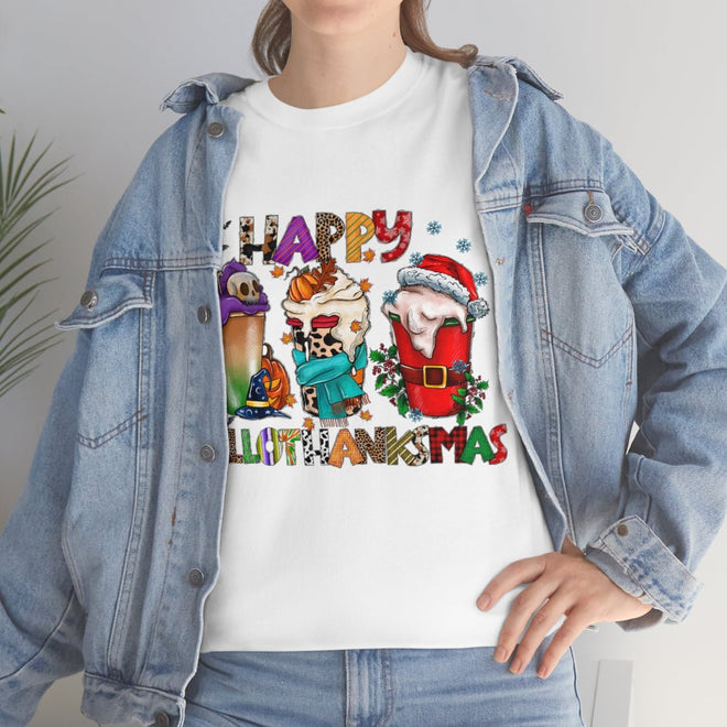 Funny Happy Hallothanksmas Coffee Lover Western Tee | Farmhouse World