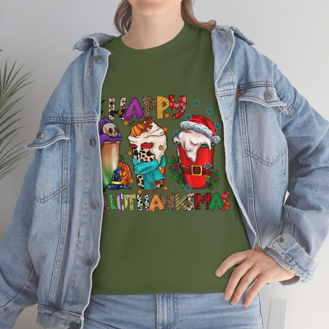 Funny Happy Hallothanksmas Coffee Lover Western Tee | Farmhouse World