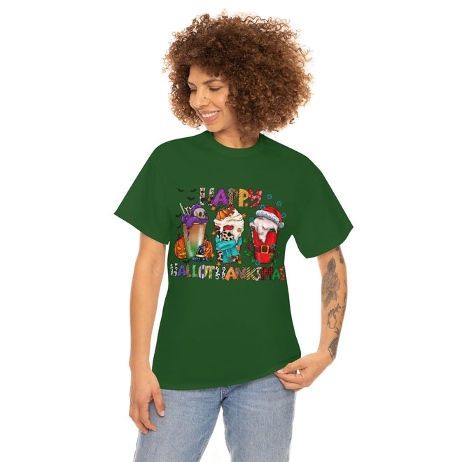 Funny Happy Hallothanksmas Coffee Lover Western Tee | Farmhouse World