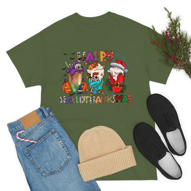 Funny Happy Hallothanksmas Coffee Lover Western Tee | Farmhouse World