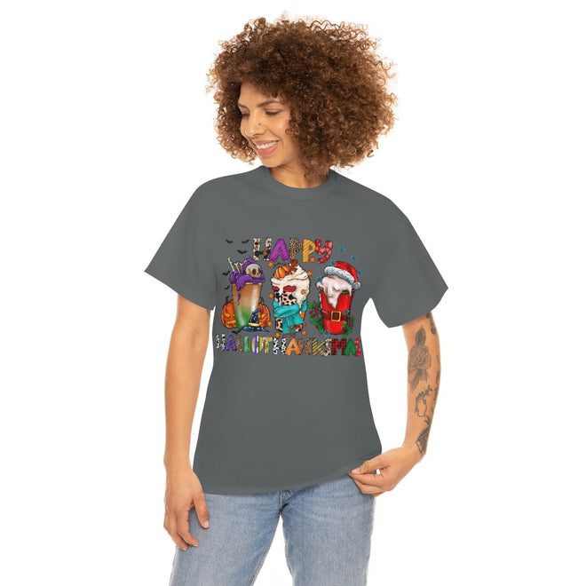 Funny Happy Hallothanksmas Coffee Lover Western Tee | Farmhouse World