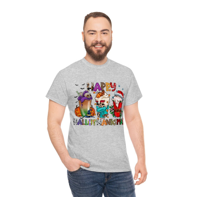 Funny Happy Hallothanksmas Coffee Lover Western Tee | Farmhouse World