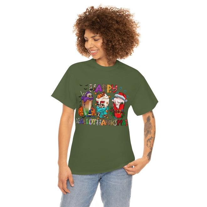 Funny Happy Hallothanksmas Coffee Lover Western Tee | Farmhouse World