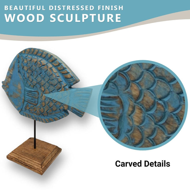 Handcarved Wooden Puffer Fish Statue | Farmhouse World