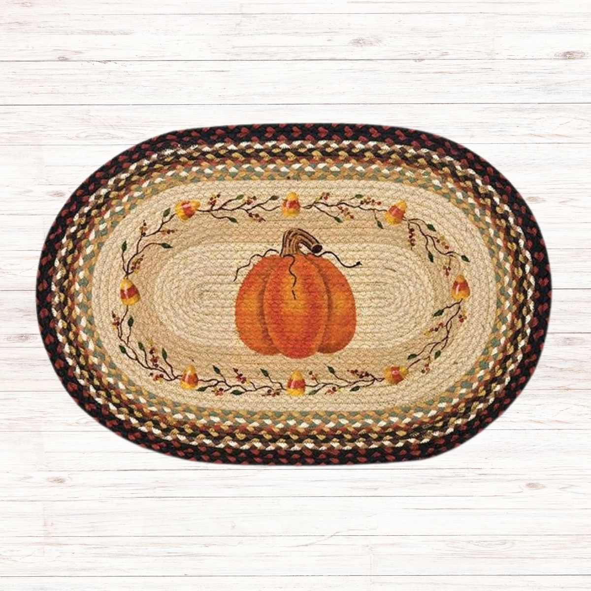 Pumpkin Candy Corn 20x30 oval jute rug