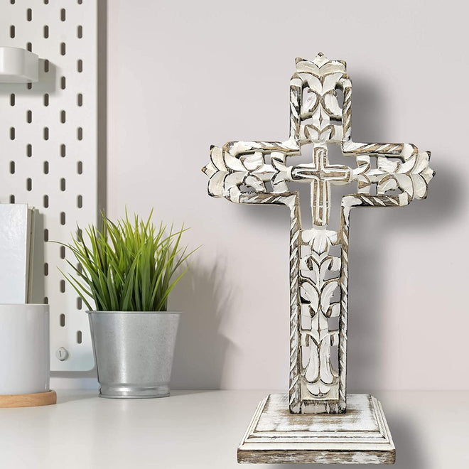 Standing Crosses for Table Decor | Handcarved Wood Cross Perfect for Christian Home Decor | Farmhouse World