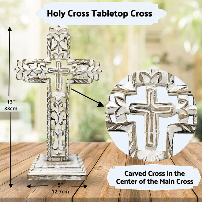 Standing Crosses for Table Decor | Handcarved Wood Cross Perfect for Christian Home Decor | Farmhouse World