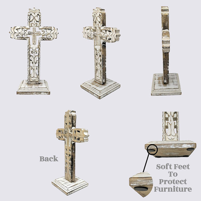 Standing Crosses for Table Decor | Handcarved Wood Cross Perfect for Christian Home Decor | Farmhouse World