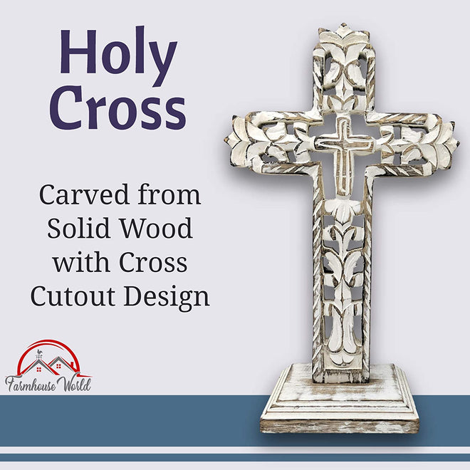 Standing Crosses for Table Decor | Handcarved Wood Cross Perfect for Christian Home Decor | Farmhouse World