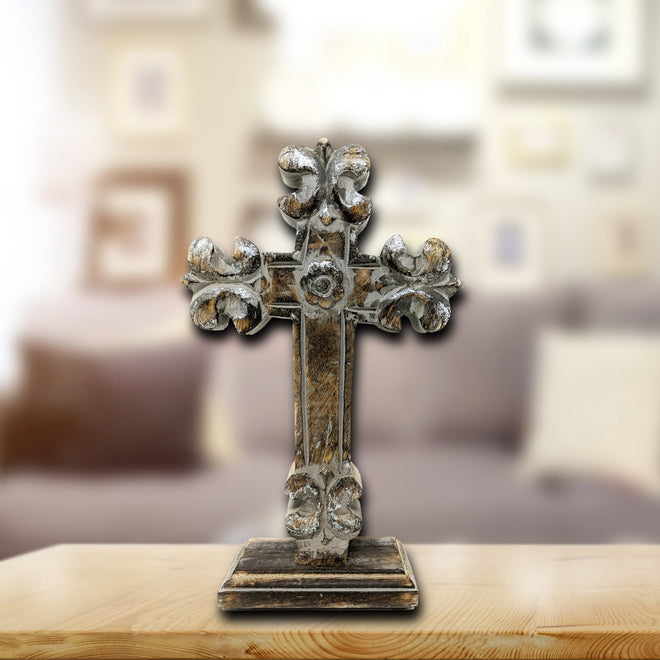 Standing Crosses for Table Decor | Handcarved Wood Cross Perfect for Christian Home Decor | Farmhouse World