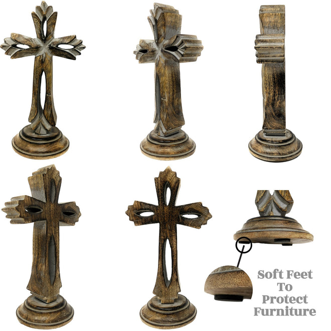 Standing Crosses for Table Decor | Handcarved Wood Cross Perfect for Christian Home Decor | Farmhouse World