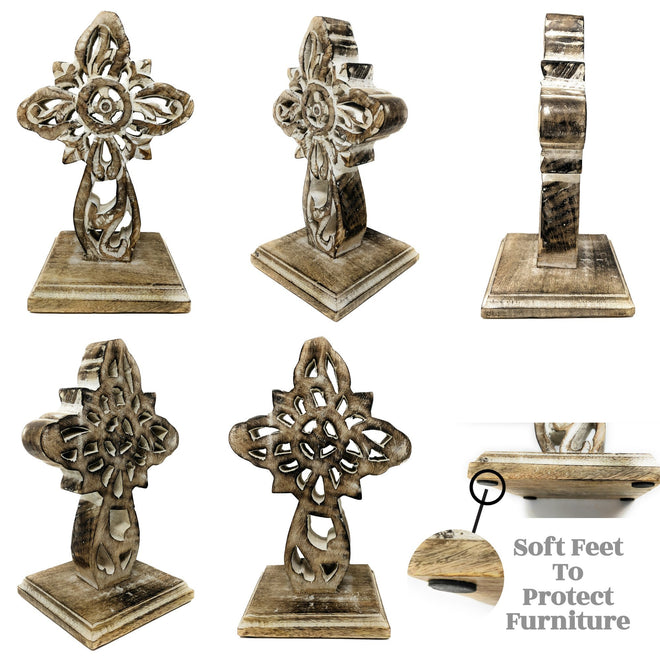 Standing Crosses for Table Decor | Handcarved Wood Cross Perfect for Christian Home Decor | Farmhouse World