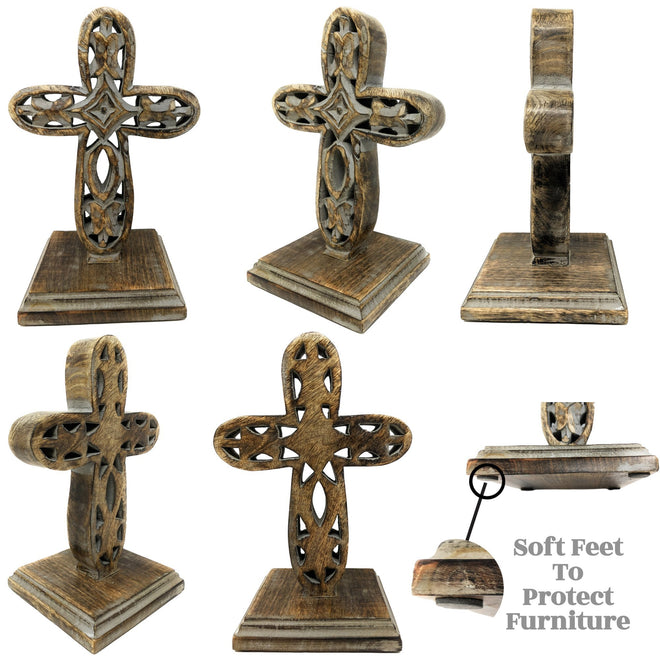 Standing Crosses for Table Decor | Handcarved Wood Cross Perfect for Christian Home Decor | Farmhouse World