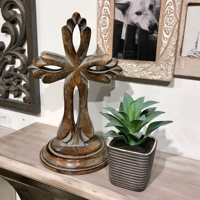 Standing Crosses for Table Decor | Handcarved Wood Cross Perfect for Christian Home Decor | Farmhouse World