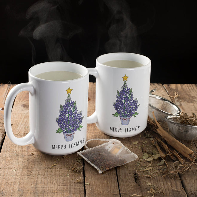 Texas Coffee Cup - Merry Texmas Bluebonnet Christmas Tree Ceramic Mug | Farmhouse World