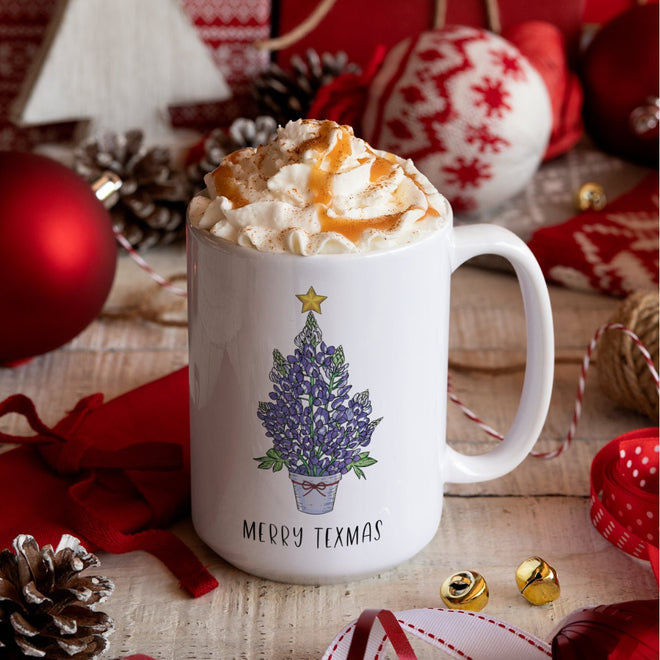 Texas Coffee Cup - Merry Texmas Bluebonnet Christmas Tree Ceramic Mug | Farmhouse World