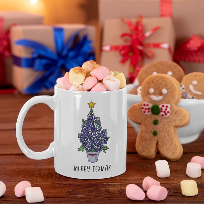 Texas Coffee Cup - Merry Texmas Bluebonnet Christmas Tree Ceramic Mug | Farmhouse World