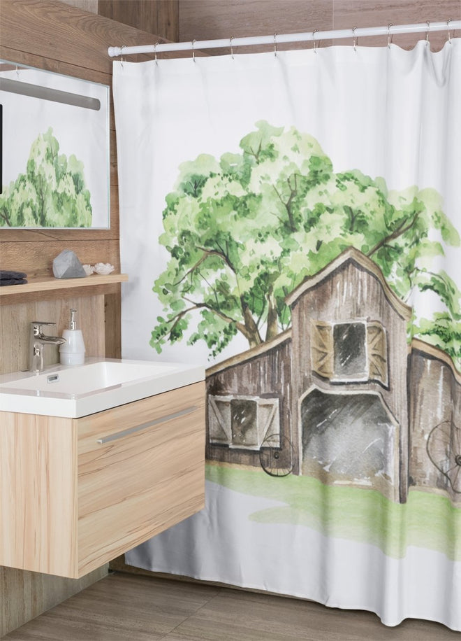 Watercolor Barn Shower Curtain | Farmhouse World