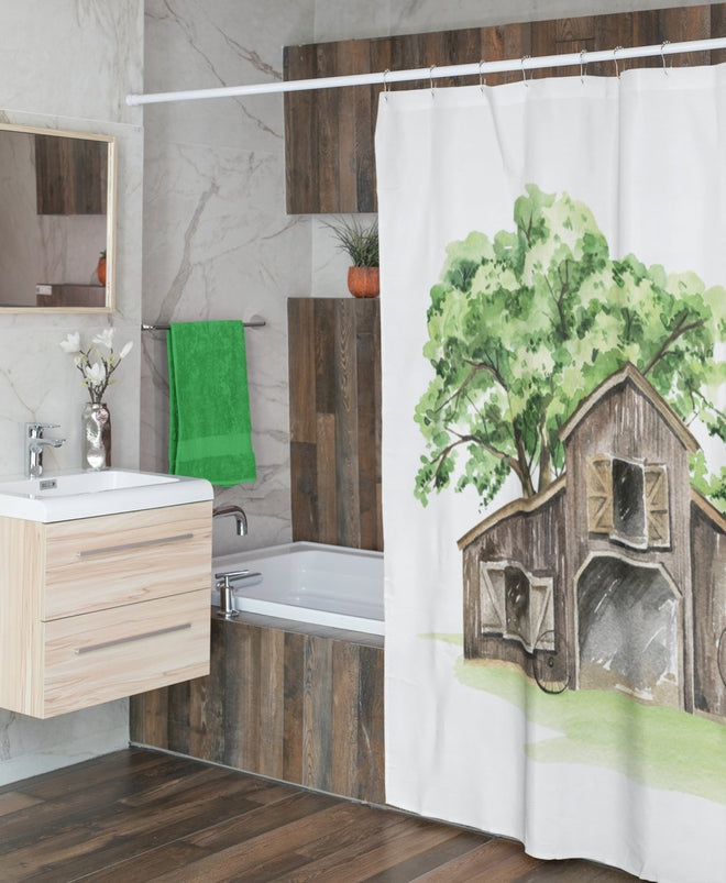 Watercolor Barn Shower Curtain | Farmhouse World