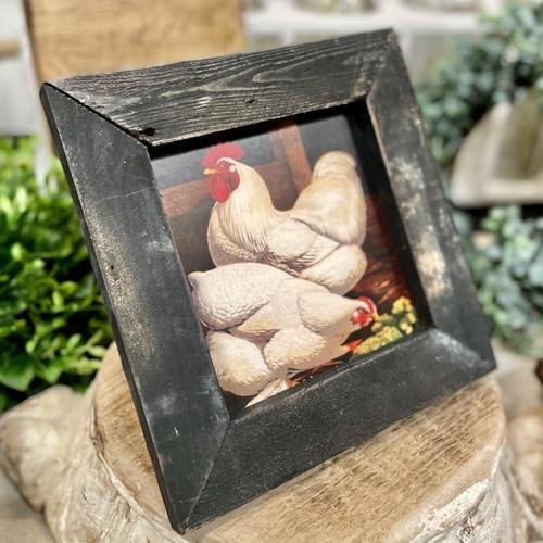 White Chicken Print Framed in Reclaimed Barnwood 8" | Farmhouse World