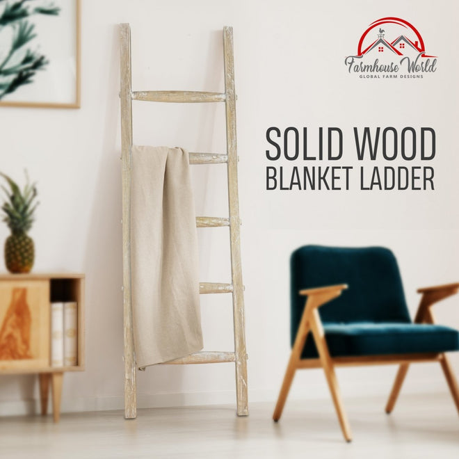 Wooden Rustic Blanket Ladder White-Washed 5ft | Farmhouse World