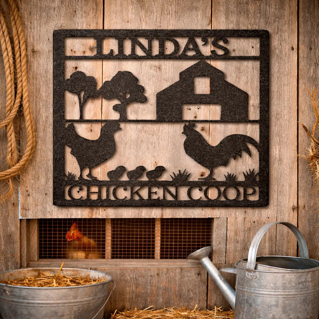 Chicken coop signs in rustic farmhouse style including funny and personalized metal hen house decor