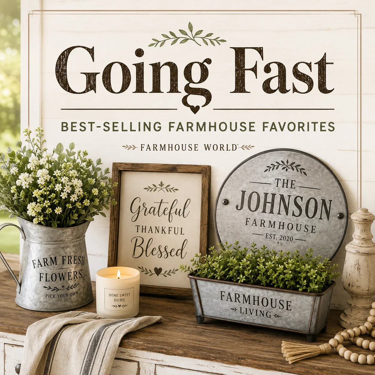 Going Fast collection featuring best-selling rustic farmhouse decor, personalized metal signs, greenery, candles, and country home accents.