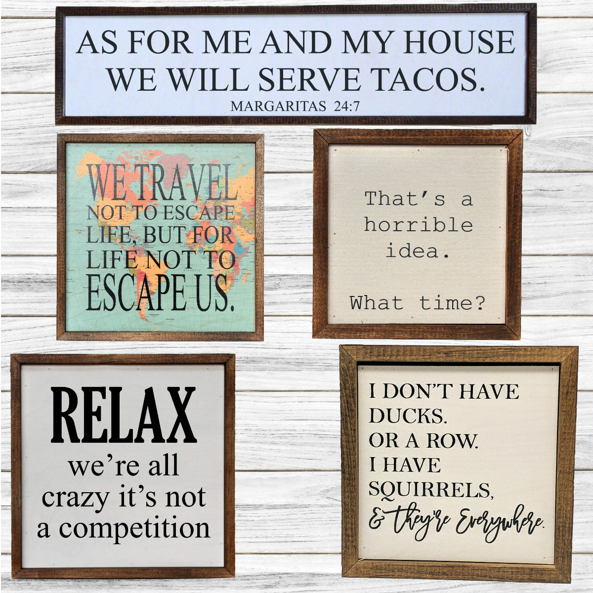 Rustic farmhouse wall art sign collection with personalized metal signs