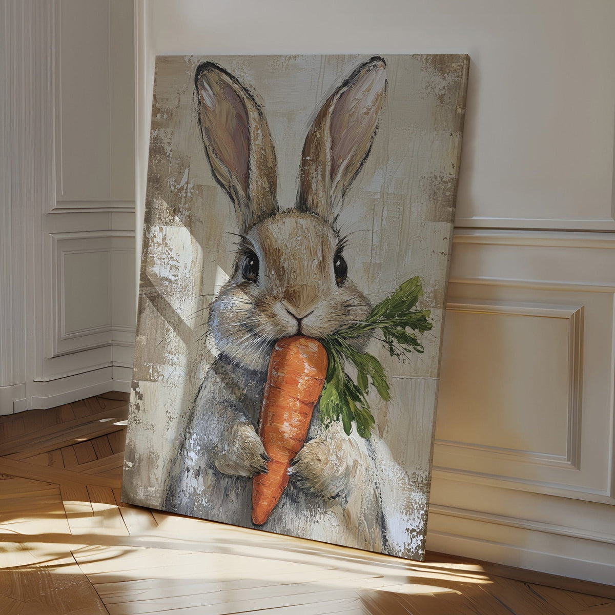 Adorable Bunny with Carrot  |  Rustic Farmhouse Animal Wall Art Print