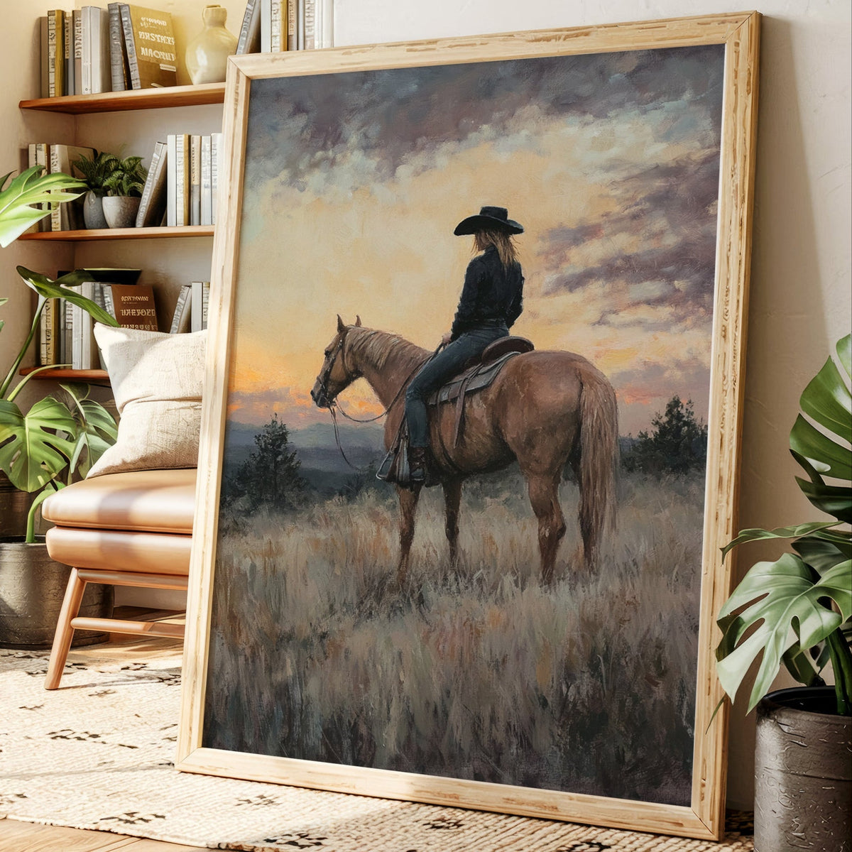 Evening Watch  |  Cowgirl and Horse at Sunset | Western Wall Art